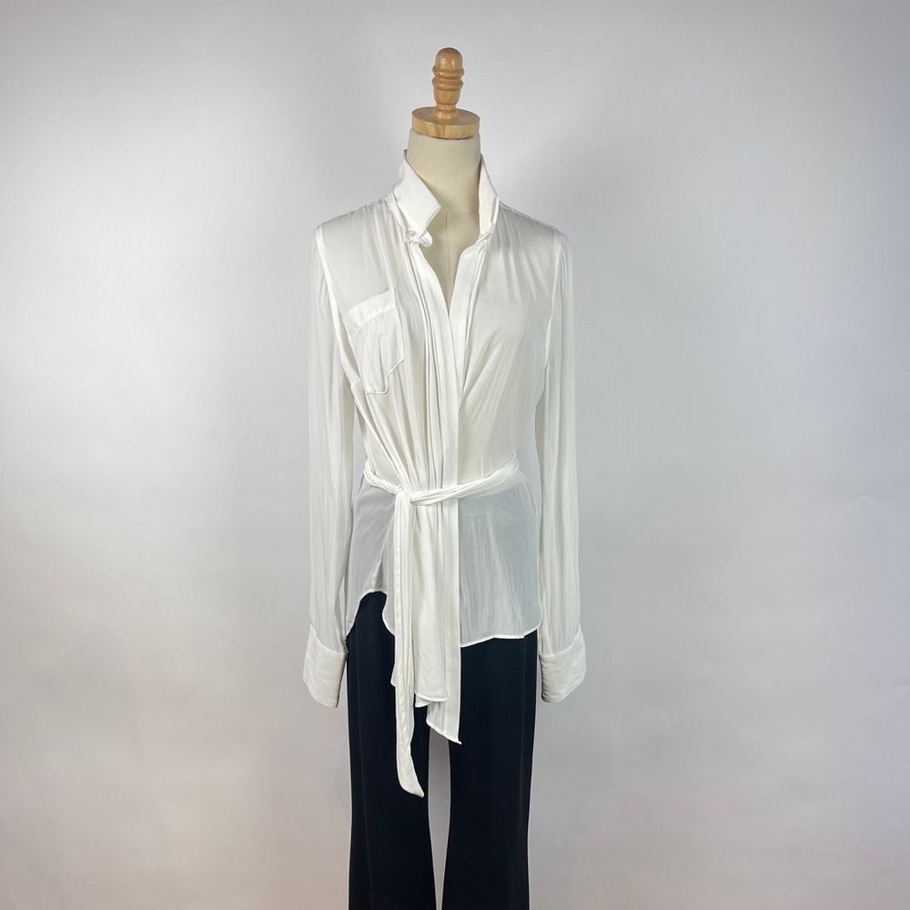 Calvin Rucker Japanese polyester satin sheer wrap tie‎ waist blouse shirt Small